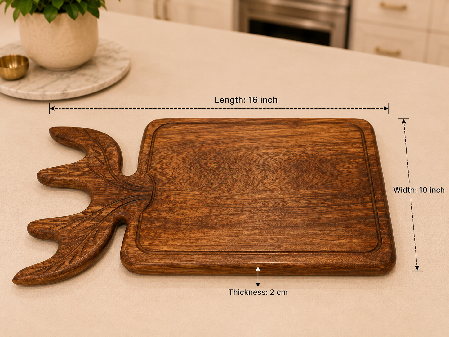 Wooden Cutting Board With Carved Moose Antler Handle - Image 2