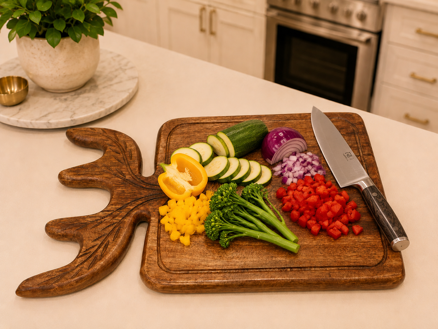 Wooden Cutting Board With Carved Moose Antler Handle